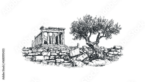 Ancient Greek stone ruins with a gnarled olive tree on transparent background. Vector hand drawn illustration