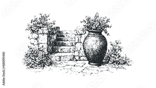 Stone Stairway with Urn and Flowering Plants Sketch. Vector hand drawn illustration