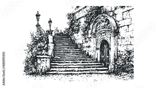 Black and white sketch of ornate doorway and stone staircase with overgrown foliage and lamps. Vector hand drawn illustration
