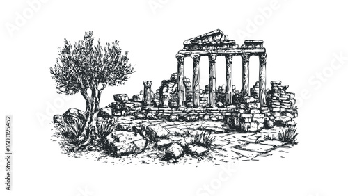 Ancient stone ruins with classical columns and an olive tree on transparent. Vector hand drawn illustration