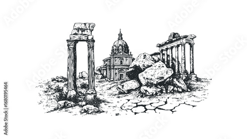 Ancient Roman ruins with classical architecture and weathered stone structures. Vector hand drawn illustration