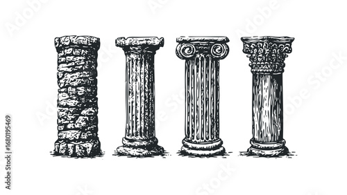 Four Classical Architectural Columns Progression of Stone Work. Vector hand drawn illustration