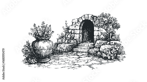Stone Archway Entrance with Potted Plant and Lush Foliage Sketch. Vector hand drawn illustration