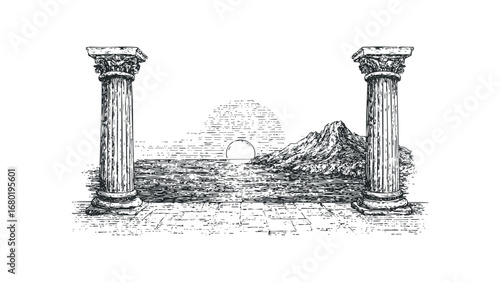 Two ancient columns frame a scenic view of a mountain and ocean at sunrise.. Vector hand drawn illustration