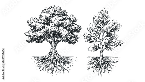 Pen and Ink Sketch of Two Trees with Exposed Root Systems. Vector hand drawn illustration
