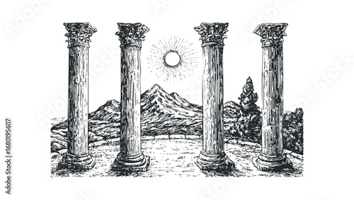 Line art drawing of ancient columns framing a sunlit mountain landscape. Vector hand drawn illustration