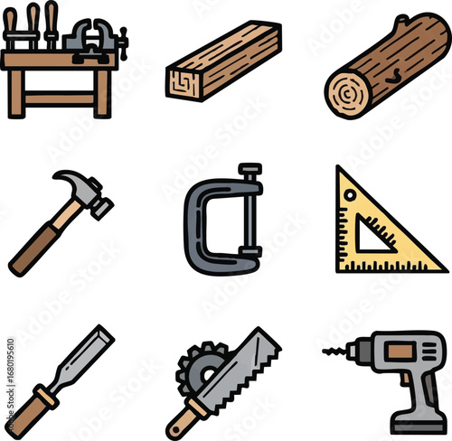 A colorful icon set featuring essential woodworking tools and raw materials, ideal for carpentry and various DIY projects.