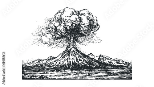 Volcanic eruption spewing ash cloud and lava flows over mountainous landscape. Vector hand drawn illustration