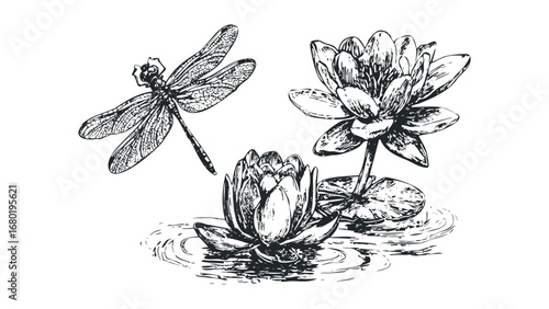 Dragonfly hovering over water lily pond sketch. Vector hand drawn illustration