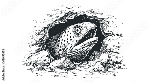 Spotted moray eel peeking out from rocky ocean cave. Vector hand drawn illustration