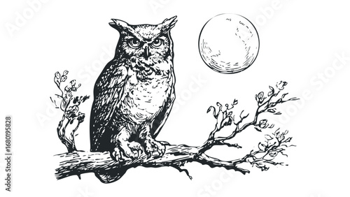 Wallpaper Mural Detailed Sketch of an Owl Perched on a Branch Under the Full Moon. Vector hand drawn illustration Torontodigital.ca