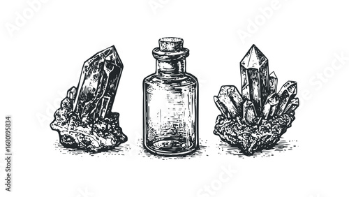 Vintage glass bottle with cork and crystal clusters ink drawing. Vector hand drawn illustration
