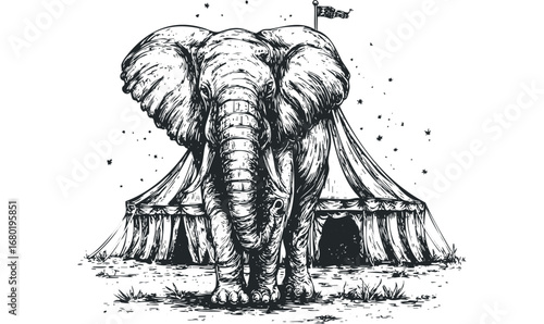 Circus elephant stands before striped tent with flag on a white background. Vector hand drawn illustration