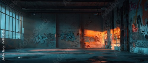 Wallpaper Mural Sunlit grunge warehouse interior with graffiti-covered walls and large windows Torontodigital.ca