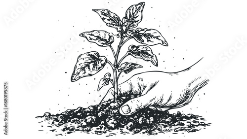 Hand planting seedling on transparent background. Vector hand drawn illustration