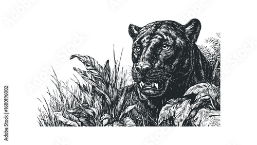 Monochrome sketch of a panther head peeking through dense foliage. Vector hand drawn illustration