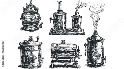 Vintage distillation apparatus and steam generators graphic collection. Vector hand drawn illustration