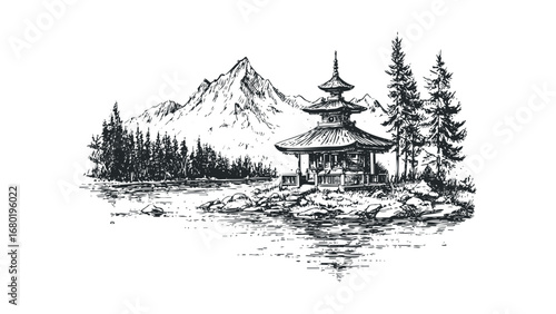 Pencil sketch of a tiered pagoda by a lake with pine trees and mountains. Vector hand drawn illustration