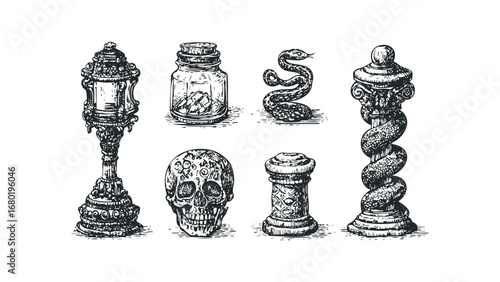 Collection of ornate decorative items including a skull and snake on a white background. Vector hand drawn illustration