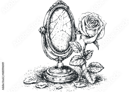 Antique ornate cracked mirror beside a single rose with fallen petals. Vector hand drawn illustration