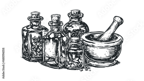 Herbalist's collection of corked glass bottles and mortar with pestle. Vector hand drawn illustration