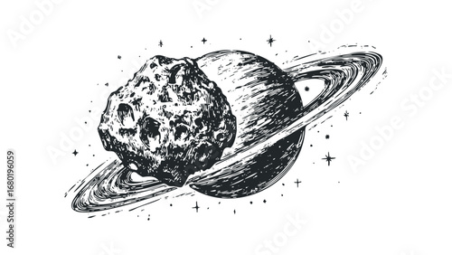 Black and White Sketch of Asteroid Near Ringed Planet in Starry Expanse. Vector hand drawn illustration