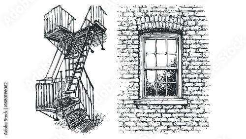 Pen and ink sketch of an external metal fire escape and brick wall with window. Vector hand drawn illustration