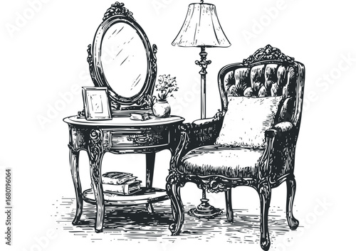 Ornate vintage vanity table with mirror and chair sketch. Vector hand drawn illustration