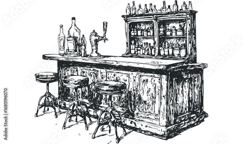 Vintage Bar with Bottles and Stools sketch. Vector hand drawn illustration