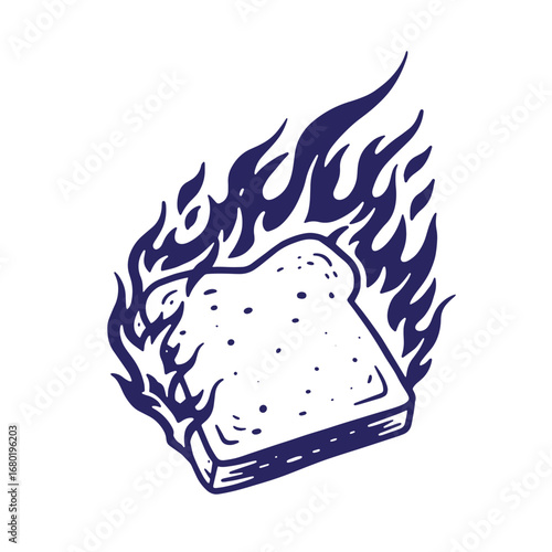 Illustration of a toasted bread slice engulfed in flames with a hand drawn style