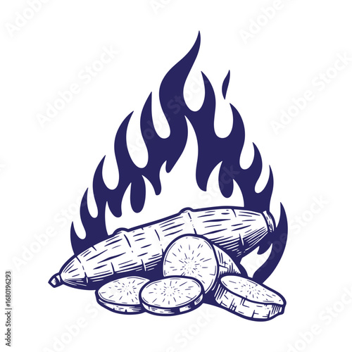 Illustration of cassava roots and slices with flames in vintage hand drawn style