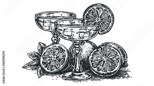Two coupe glasses filled with ice next to citrus fruit slices and whole fruit. Vector hand drawn illustration