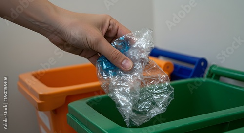 Hand Placing Plastic Waste into a Green Recycling Bin for Segregation