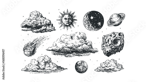 Vintage Astronomical Elements with Celestial Bodies and Clouds. Vector hand drawn illustration