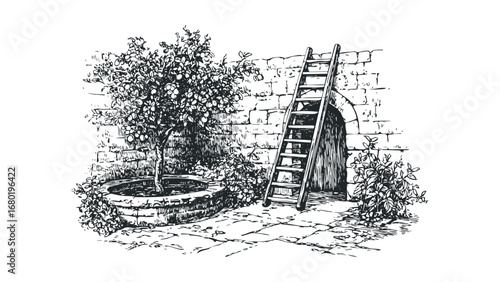 Sketch of a fruit tree in a stone courtyard with a wooden ladder against a wall. Vector hand drawn illustration