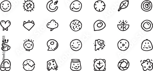 Hand Drawn Doodle Icon Set of Miscellaneous Symbols in Black and White Simple and Playful Design Elements for Creative Projects