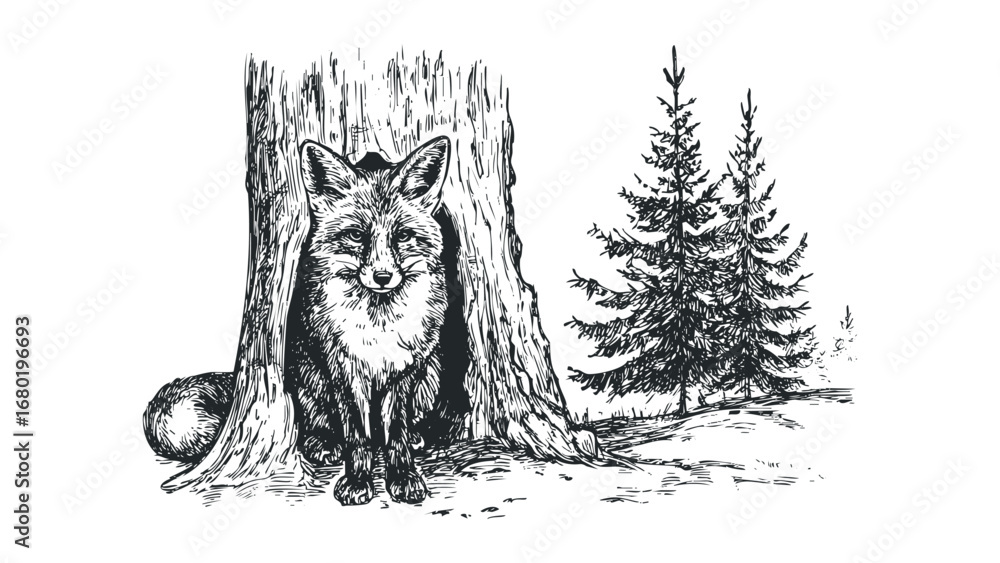 Naklejka premium Sketch of a fox peeking from behind a tree in a forest landscape. Vector hand drawn illustration