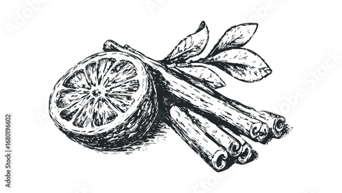 Sketch of Lemon Slice with Cinnamon Sticks and Leaves. Vector hand drawn illustration