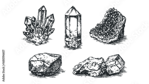 Hand Drawn Quartz Crystal Cluster and Single Crystal Specimen. Vector hand drawn illustration