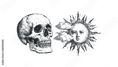 Engraved Skull and Sun with Human Face on White. Vector hand drawn illustration