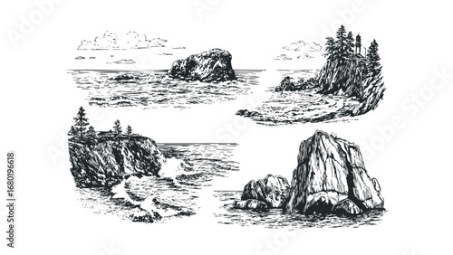 Collection of vintage style ocean cliff and sea rock compositions. Vector hand drawn illustration