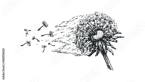 Hand-drawn dandelion seed head dispersing seeds in the wind. Vector hand drawn illustration