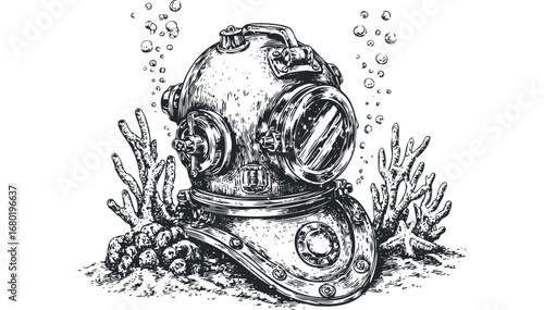 Vintage diving helmet with coral and bubbles. Vector hand drawn illustration