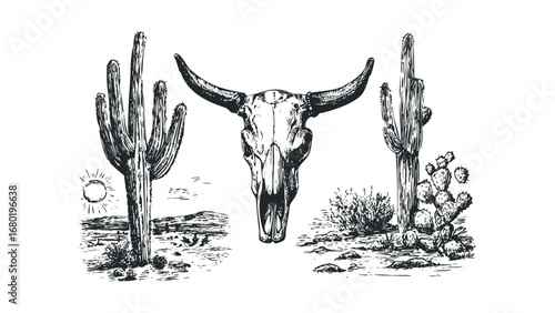 Longhorn skull and cactus silhouette on transparent background. Vector hand drawn illustration