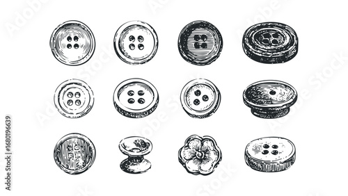 Collection of Hand Drawn Sewing Buttons on Transparent Background. Vector hand drawn illustration