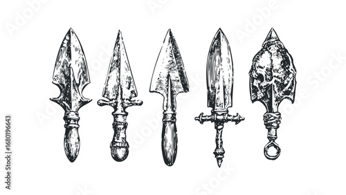 Collection of ancient weapon heads and primitive tool blades. Vector hand drawn illustration