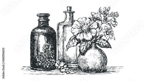Vintage botanical illustration of glass bottles and blooming flowers in a vase. Vector hand drawn illustration