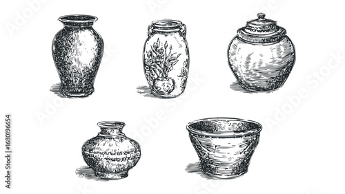 Collection of assorted hand-drawn pottery and vases. Vector hand drawn illustration