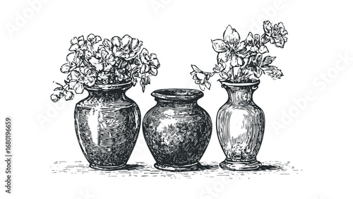 Three earthenware vases with blooming flowers. Vector hand drawn illustration