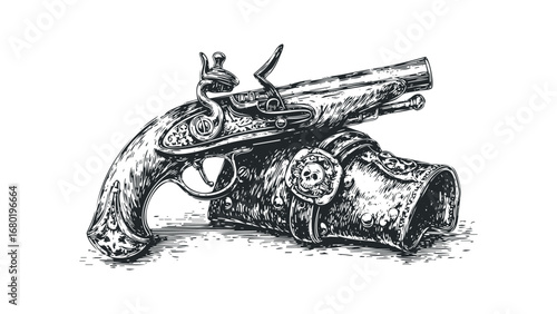 Engraved Flintlock Pistol Resting on Leather Cuff with Skull Detail. Vector hand drawn illustration